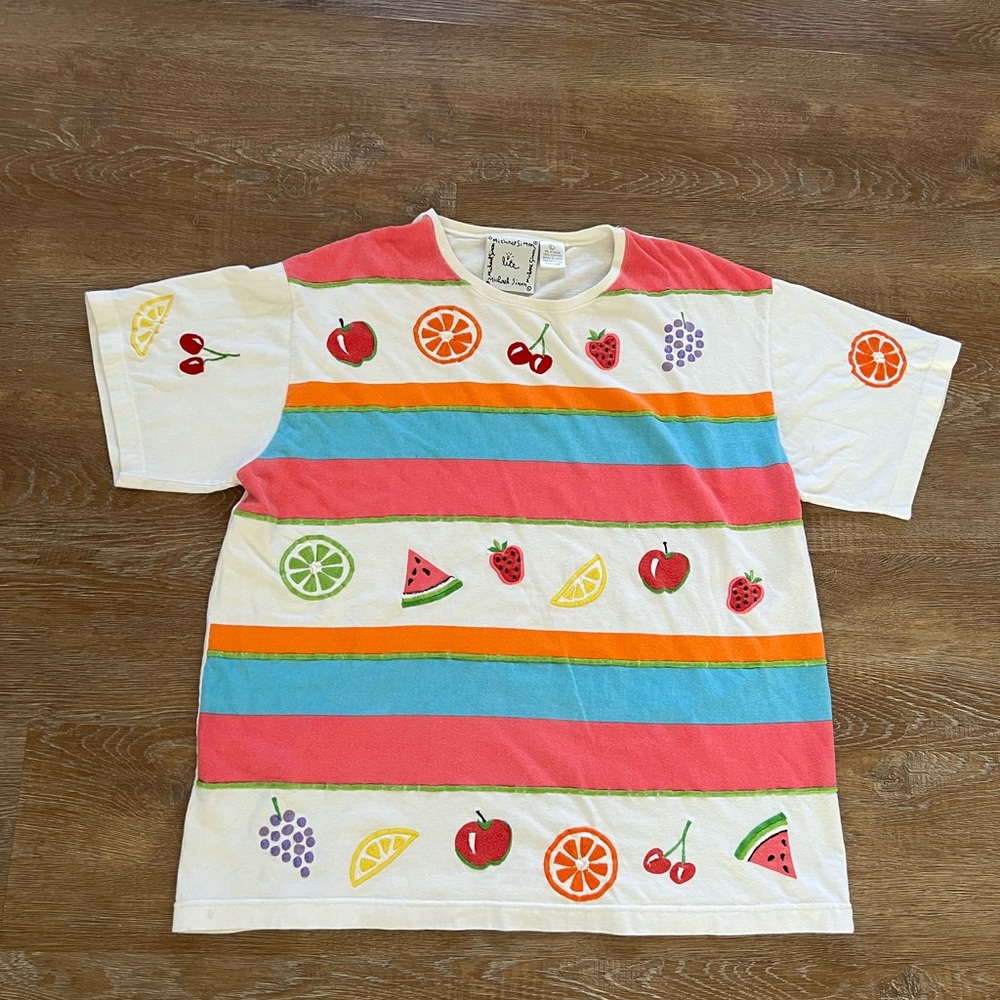 Vintage Michael Simon Lite Fruit Embroidered Tee | Colorful Striped | Large